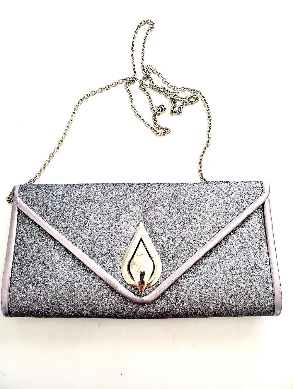 Silver Glitter Clutch Bag With Shoulder Chain
